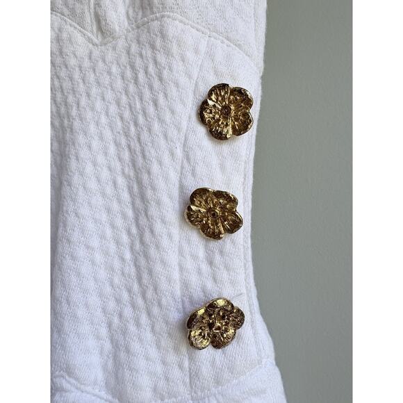 VTG Adrienne Vittadini White Cotton Dress Sz 10 Scalloped Textured Gold Button - Picture 8 of 16